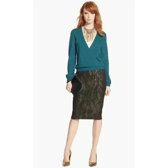 NWT Leith Long Sleeve Surplice Top Teal Deep Stretch Knit Faux Wrap Career XS - Picture 2 of 6